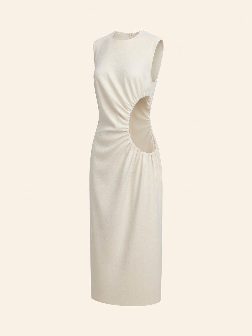 Sleek Cream Side-Cutout Midi Dress
